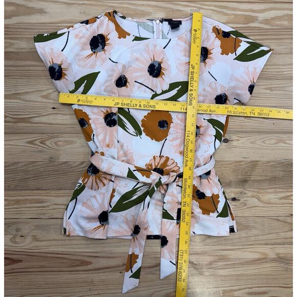 Ann Taylor Pink Floral Short Sleeve Back Zip Tied Waist Blouse Women’s Size Med - Picture 4 of 8